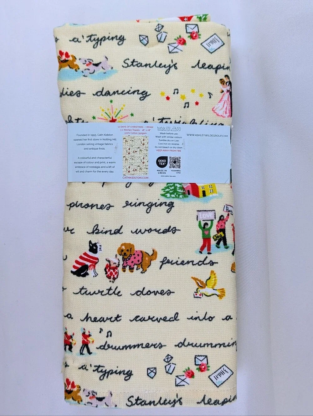 12 Days Of Christmas Kitchen Towels Set Of 3 Multicolor Cream 100% Cotton NWT